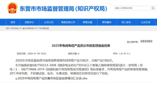 山东省东营市市场监管局发布2025年电线电缆产品质量市级监督抽查结果
